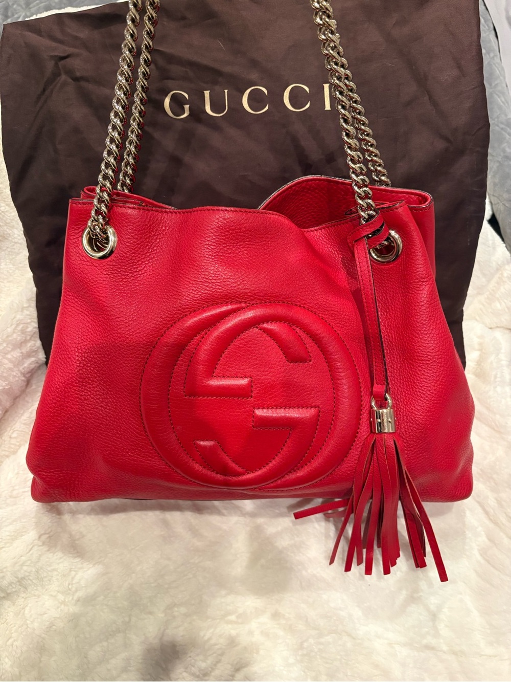 Gucci Red Pebbled Leather Shoulder Bag with Tassel+Chain Straps authentic GUCCI - Picture 2 of 7